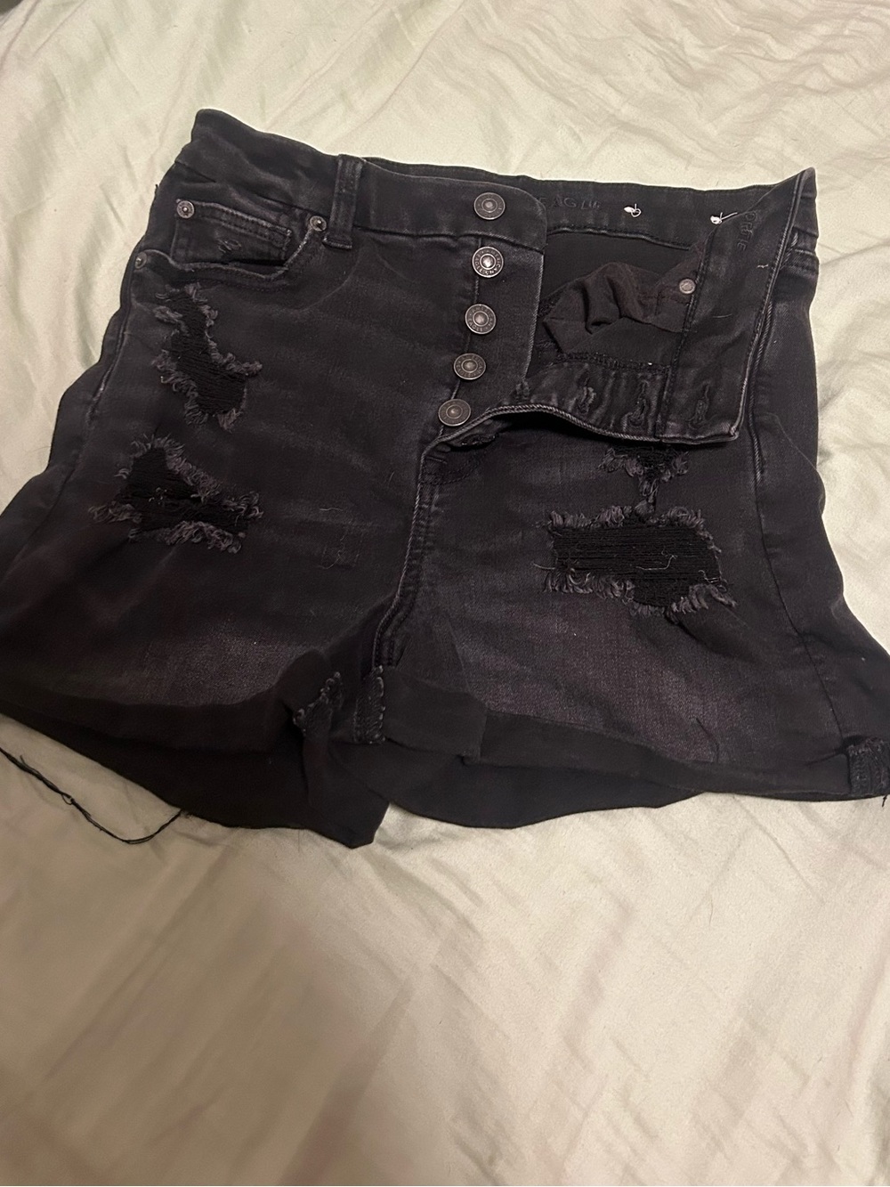 American Eagle Curvy super high rise button fly jean distressed black shorts